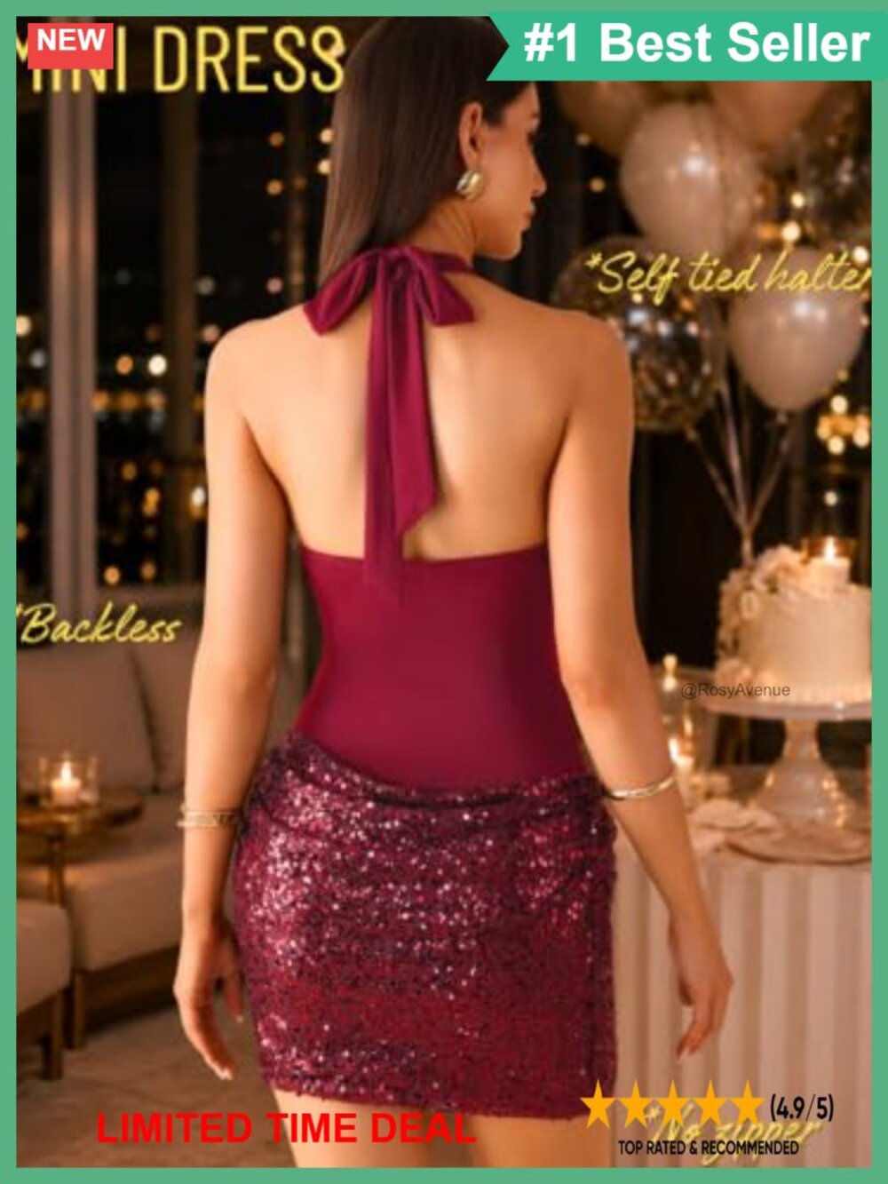 Sexy Keyhole Halter Sequin Mini Dress Bodycon Party Club - Picture 4 of 6